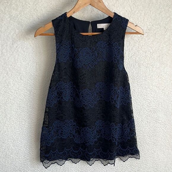 Loft Shirt Womens Small Blue‎ Black Lace Overlay Sleeveless Top Blouse - Picture 1 of 6